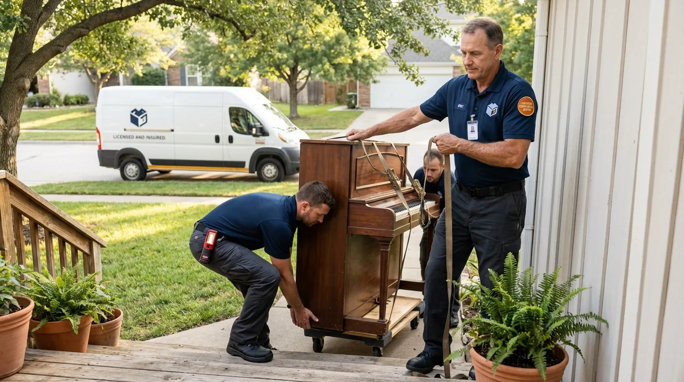 Licensed piano movers securing grand piano in White Bluff, TN