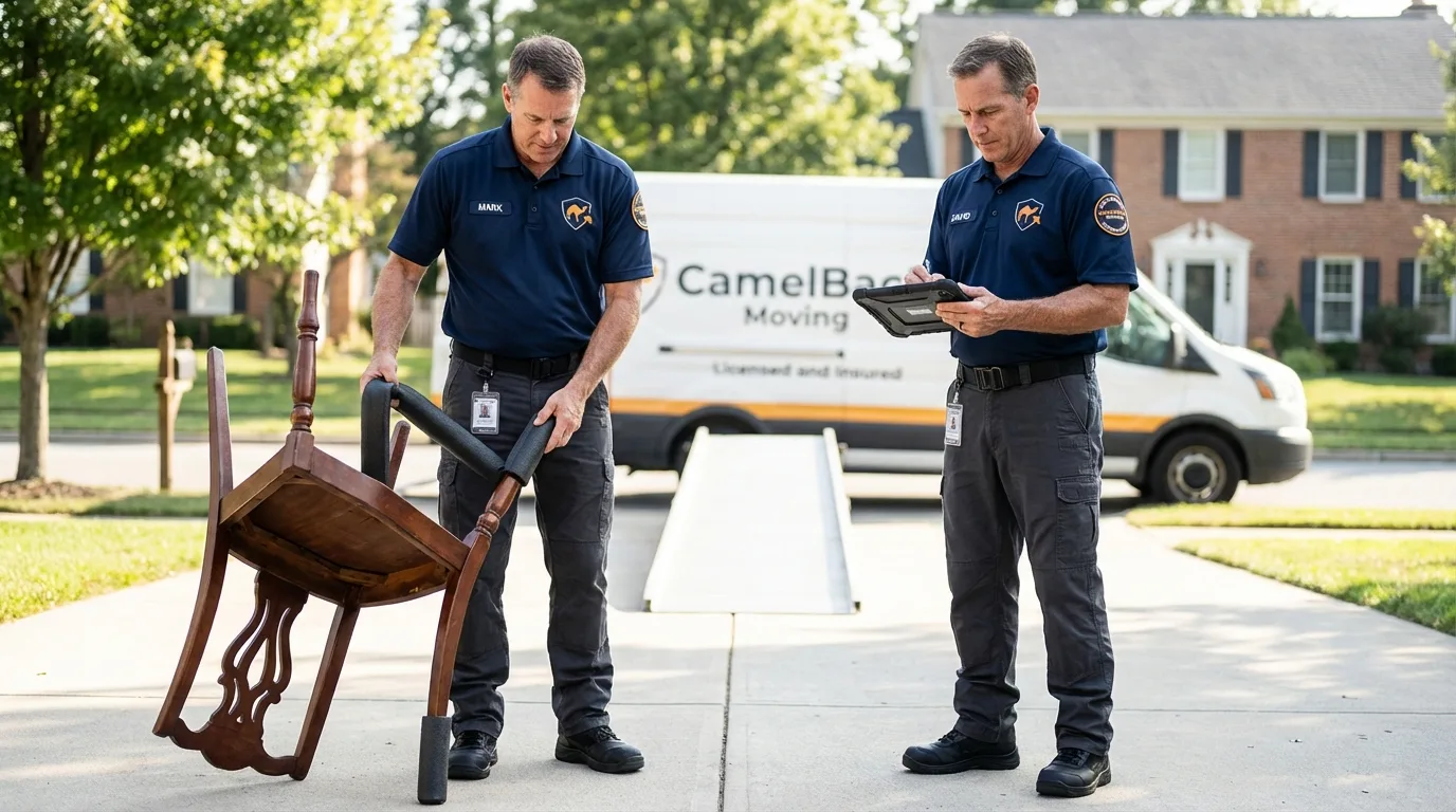 Movers inspecting furniture for damage prevention before loading in White Bluff, TN