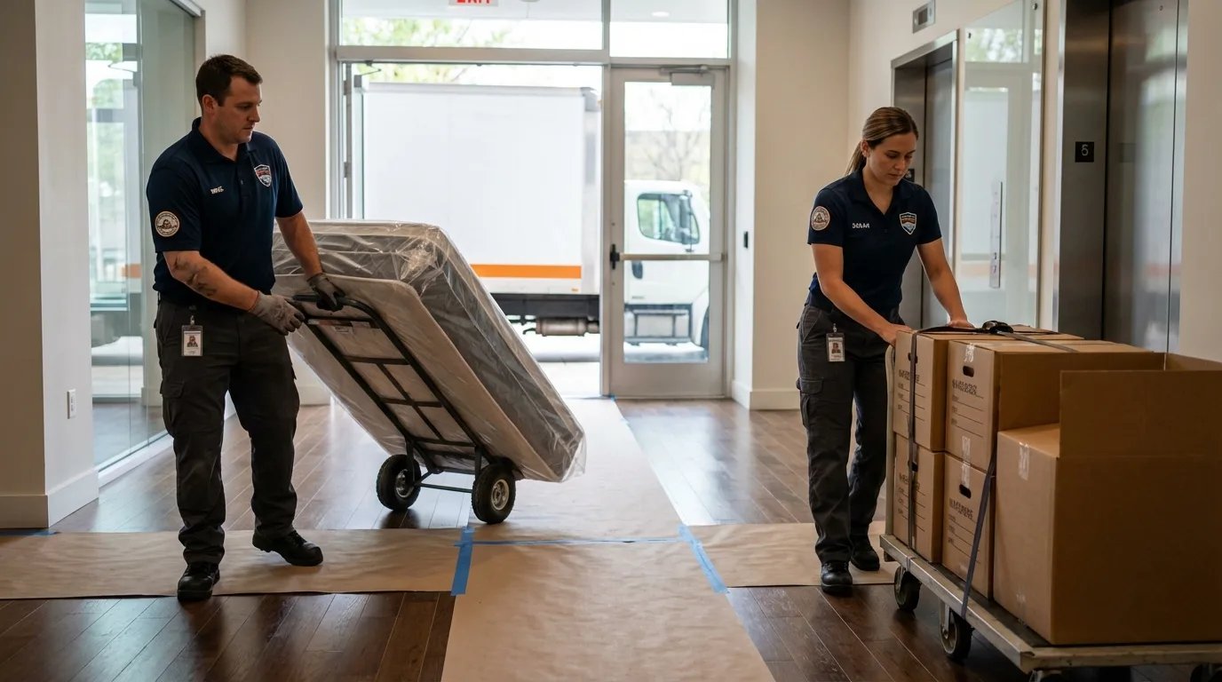 Professional apartment movers loading elevator in White Bluff, TN